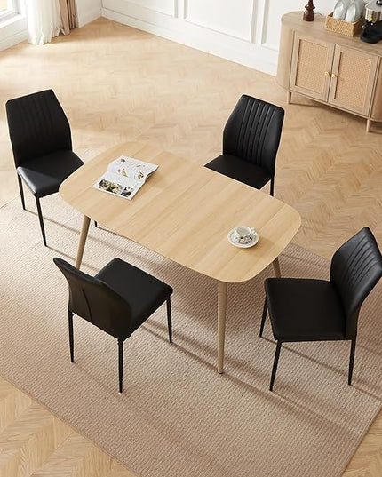 Modern 4-Piece Dining Table Set with Leather Chairs | 55.1 Inch Wood Kitchen Table & 4 Black Leather Seats | Space-Saving Durable Furniture for Small Spaces, Dining Room, Breakfast Nook