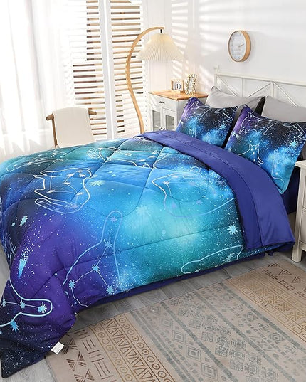 Wowelife Galaxy Bedding Comforter Set Full Size with Sheets, 5-Piece Blue 3D Galaxy Bed in A Bag Full for Kids Bed Set with Comforter, Flat Sheet, Fitted Sheet and 2 Pillowcases