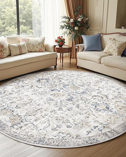 jinchan Kalen Round Rug 7ft Area Rug Washable Vintage Indoor Retro Floor Cover Distressed Floral 7' Round Circle Boho Non Slip Thin Carpet for Living Room Dining Room Bedroom Kitchen Blue