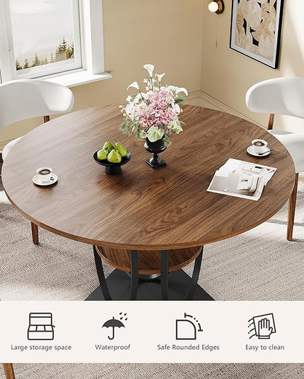 Round Dining Table for 4, 3-Tier Dinner Room Tables with Storage Shelf, Space Saving Small Kitchen Table, Farmhouse Dinner Table with Wooden Tabletop and Hexagonal Base (Walnut, 42inch)