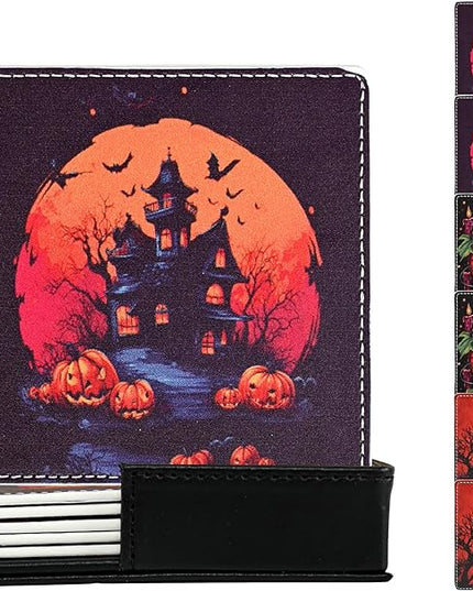 Marble Coasters Square Leather Drinks Coaster Set with Holder for Coffee Table Bar Home Decor 4 Inches Set of 6 (Halloween, One Size)