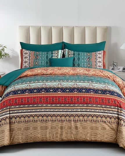 Boho Comforter Set California King Size 8 Pieces,Green and Brown Bohemian Striped Bed in a Bag,Floral Soft Microfiber Bedding Comforter Set for All Seasons