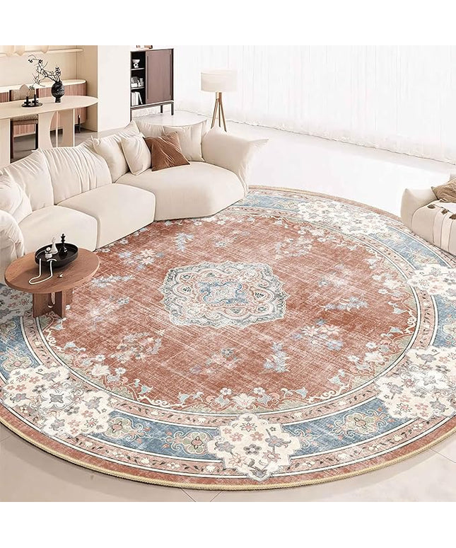MUJOO Boho Round Rug 9ft,Circle Washable Area Rugs for Bedroom Living Room Bathroom, Vintage Distressed Non Slip Circular Carpet,Orange Navy Blue Floral