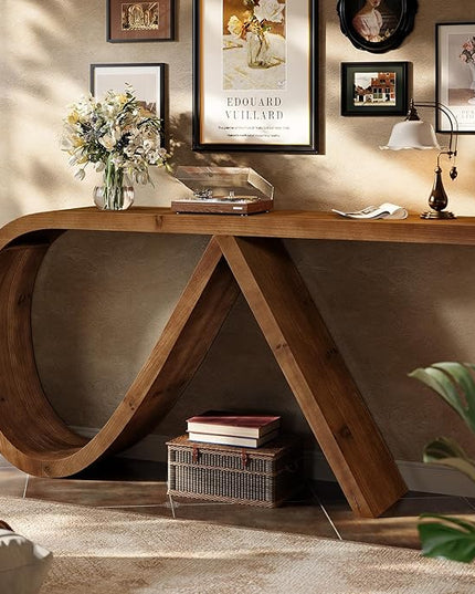 Solid Wood Console Table, 57" Curved Entryway Table, Narrpw Long Sofa Table Behind Couch, Farmhouse Accent Tables for Hallway, Entrance, Foyer, Living Room, Walnut Brown