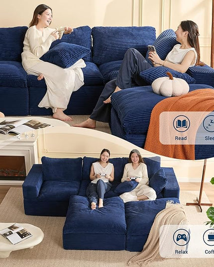 106.3” Sectional Couches for Living Room, Cloud Couch, Modular Sectional Sofa, Convertible Sofas Bed, Deep Seat Sofa, U Shaped Cozy Sofa Furniture Set, Corduroy, Blue