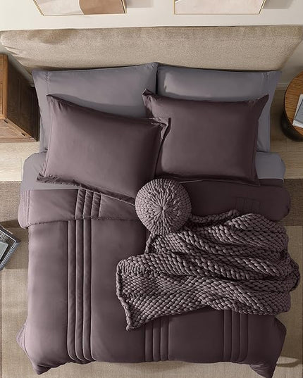 Monbix Full Comforter Set - 7 Pieces Italian Plum in a Bag Full Size Bedding Sets with Comforters, All Seasons Down Alternative Comforter with Sheets,Pillowcases & Shams