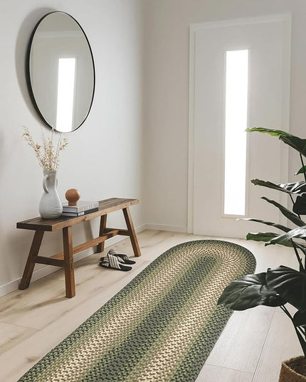 Tranquility TQ22 Green 2' x 6' Runner- Braided Area Rug, Home Decor, Floor Mat or Bedroom Rug - Easy Care, Ideal for High Traffic Areas in Hallway and Living Room - Made in USA