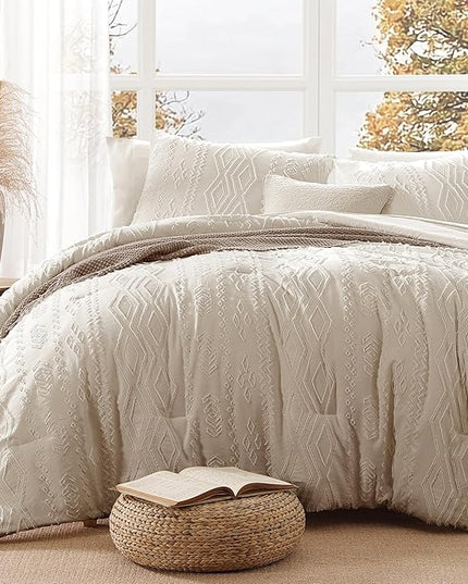 Full Size Comforter Set Beige, Tufted Boho Bedding Farmhouse Bed Set, All Season 7 Pieces Bed in a Bag with Sheets, Pillowcases & Shams