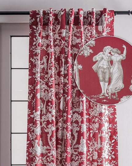 Maison d' Hermine Curtains for Living Room 100% Cotton 96 inch Length One Panel Light Filtering Toile Curtains for Bedroom Windows with Rod and Loop Pockets Drapes (Joli Jouy Red, 50" W x 96" L)