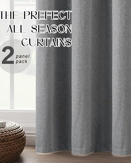 Full Blackout Linen Curtain Panels 126 Inch Length, Gray Hallway Door Textured Boho Tall Curtains Grommet Top Full Shade Noise Reducing Drapes for Villa Bedroom, Grey, W52 x L126, 2 Panels
