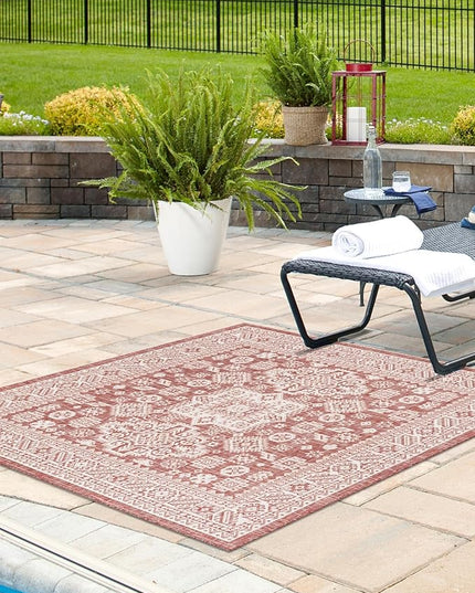 Rugs.com Outdoor Aztec Collection Rug – 6 Ft Square Rust Red Flatweave-Pile Rug Perfect for Living Rooms, Kitchens, Entryways