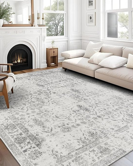 ReaLife Rugs Machine Washable Area Rug - Living Room Bedroom Bathroom Kitchen Entryway Office - Padded Low Pile Stain Resistant Premium - Boho Farmhouse Vintage - Noor - Ivory Grey 7'6" x 9'6"
