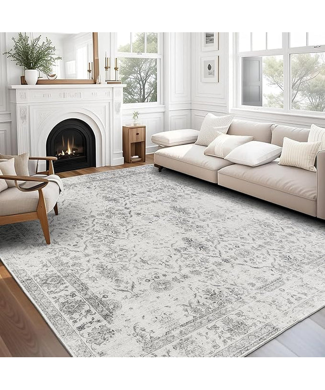 ReaLife Rugs Machine Washable Area Rug - Living Room Bedroom Bathroom Kitchen Entryway Office - Padded Low Pile Stain Resistant Premium - Boho Farmhouse Vintage - Noor - Ivory Grey 7'6" x 9'6"