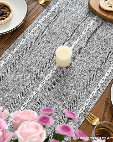 Artoid Mode Dark Grey Rustic Cotton Linen Table Runner, Seasonal Embroidered Hollow Kitchen Dining Table Decoration for Home Party Decor 13x60 Inch