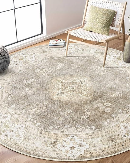 MUJOO Beige Round Rug 6ft,Circle Washable Area Rugs for Bedroom Living Room Bathroom,Boho Large Vintage Bohemian Distressed Farmhouse Non Slip Circular Carpet,Floral