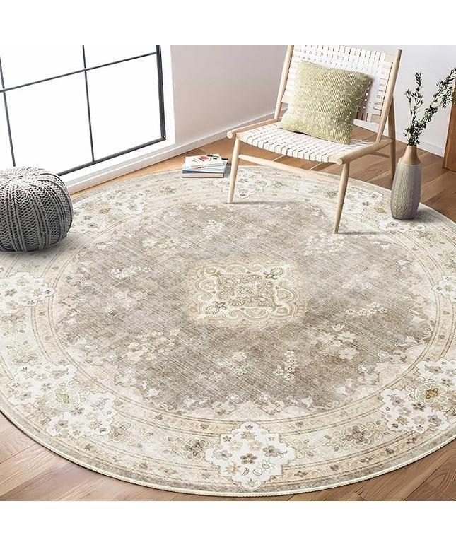 MUJOO Beige Round Rug 6ft,Circle Washable Area Rugs for Bedroom Living Room Bathroom,Boho Large Vintage Bohemian Distressed Farmhouse Non Slip Circular Carpet,Floral