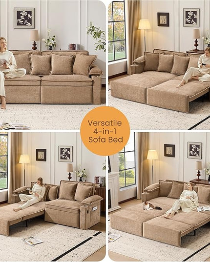 SUNWAVE 83" King Size Pull Out Sofa Bed, 4-in-1 Convertible Sleeper Sofa Bed with USB Ports, Cup Holders, Side Pockets, Corduroy Oversized Loveseat Chaise Lounge for Living Room, Small Space