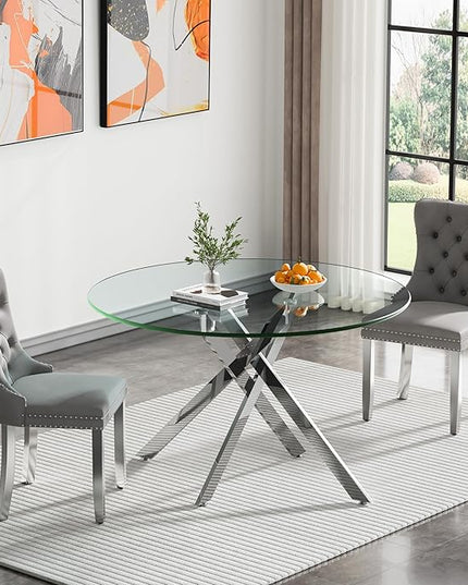 Round Glass Dining Table Set for 2, 47'' Clear Circular Kitchen Table and Chairs Set, 3PCS Modern Circle Dining Room Table Set with 2 Velvet Dining Chair for Home