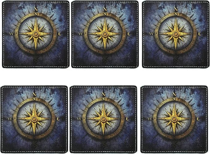 Marble Coasters Square Leather Drinks Coaster Set with Holder for Coffee Table Bar Home Decor 4 Inches Set of 6 (Compass Rose, One Size)