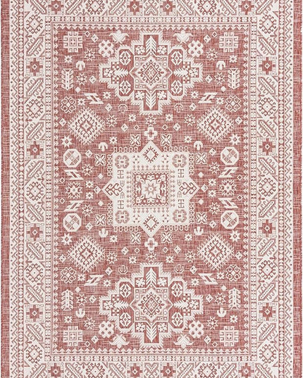 Rugs.com Outdoor Aztec Collection Rug – 7' x 10' Rust Red Flatweave Rug Perfect for Living Rooms, Large Dining Rooms, Open Floorplans