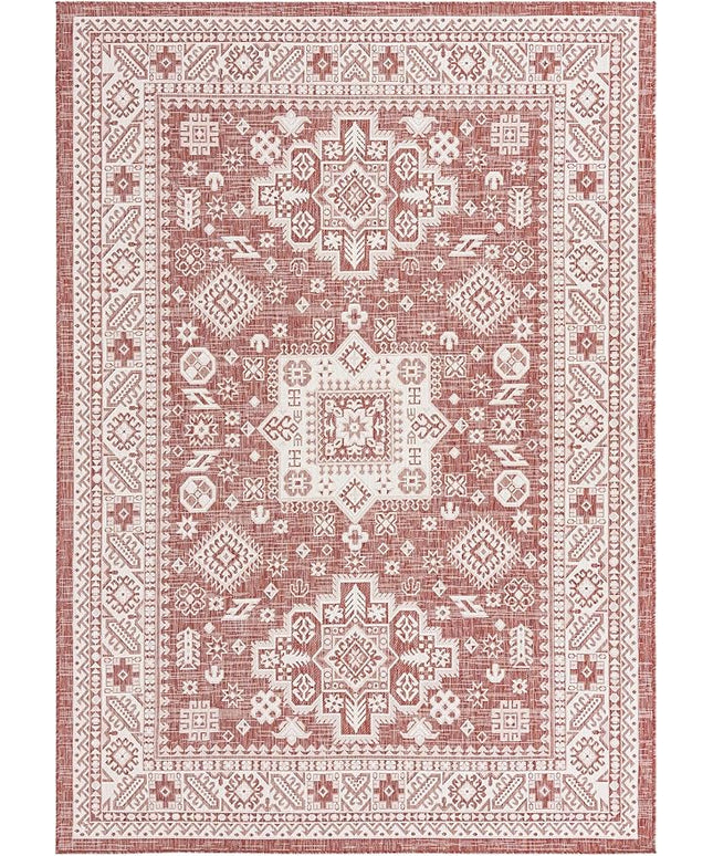 Rugs.com Outdoor Aztec Collection Rug – 7' x 10' Rust Red Flatweave Rug Perfect for Living Rooms, Large Dining Rooms, Open Floorplans