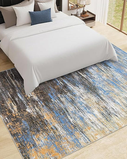 Washable Rug 5x7 Abstract Area Rug for Living Room, Non Slip Foldable Soft Rugs for Bedroom, Stain Resistant Rugs Modern Fuzzy Rug, Indoor Floor Carpet for Entryway Home, Blue/Brown