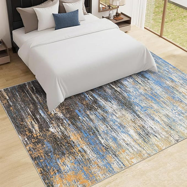 Modern Abstract Living Room Rug 8x10, Washable Area Rugs for Bedroom, Stain Resistant Non Slip Large Rug, Soft Indoor Carpet for Dining Room Table Home Decor, Blue/Brown