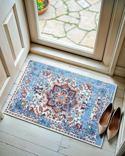 GLN Rugs Traditional Collection - Machine Washable Area Rug, Traditional Washable, Non Slip, Low Pile Chenille Rug, Living Room, Bedroom, Kitchen Rug (2'x3' Blue)