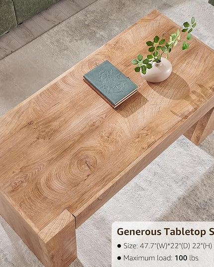 OKD 48" Modern Farmhouse Coffee Table, Wooden Living Room Table with Hidden Storage Drawer, Rustic Rectangular Center Tables w/Wood Thick Design for Living Room, Office, Light Knotty Wood