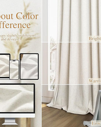 Guken 100% Blackout Cream Linen Curtains 52 Inch Wide by 76 Inch 2 Panels Set for Living Room Bedroom Back Tab Thermal Insulated Black Out Linen Drapes Room Darkening Window Curtains