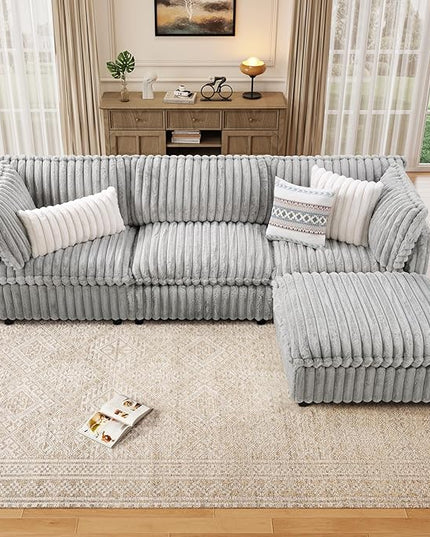 KKL Modular Sectional Couch for Living Room, L Shaped Corduroy Couches with 1 Ottomans, 4 Seater Oversized Sofa, Soft Fabric Modern Sofa, Grey
