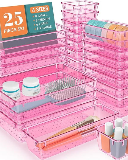 WOWBOX 25 PCS Plastic Drawer Organizer Set, 4 Sizes Desk Drawer Divider Organizers and Storage Bins for Makeup, Jewelry, Gadgets for Kitchen, Bedroom, Bathroom, Office, Clear Pink