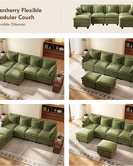 Ihanherry 106" U-Shaped Modern Sofa Modular Sectional Cloud Couch 6-Seat Chenille Seat Sofa with Ottoman for Living Room, Bedroom and Apartment, Green