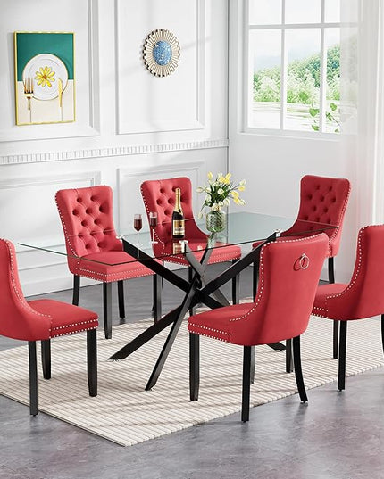 Modern 7-Piece Glass Dining Table Set for 6, Modern 60" Rectangle Black Glass Dining Room Table Set with Burgundy Velvet Tufted Chairs Wood Legs for Kitchen Dining Room