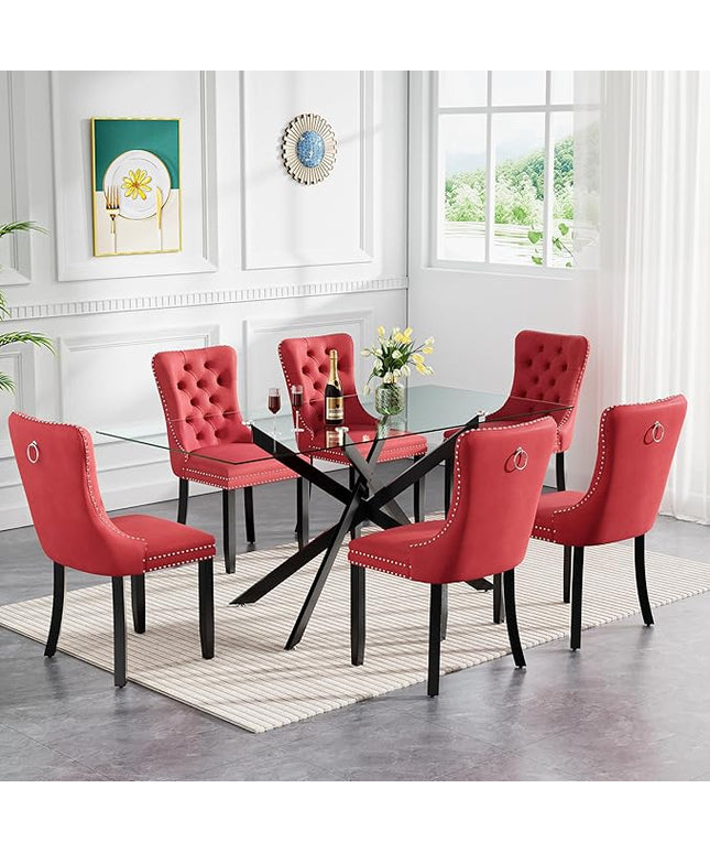 Modern 7-Piece Glass Dining Table Set for 6, Modern 60" Rectangle Black Glass Dining Room Table Set with Burgundy Velvet Tufted Chairs Wood Legs for Kitchen Dining Room
