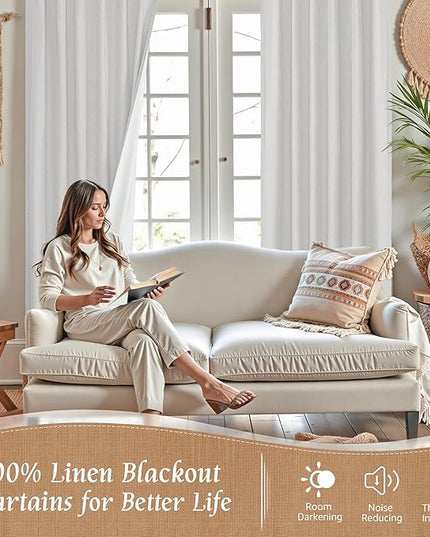 LAMIT 100% Blackout Linen Curtains 63 Inches Long, Linen Textured Living Room Farmhouse Curtains Full Room Darkening Back Tab and Rod Pocket Panels with White Liner, 2 Panels, Light Grey, 60 x 63 Inch