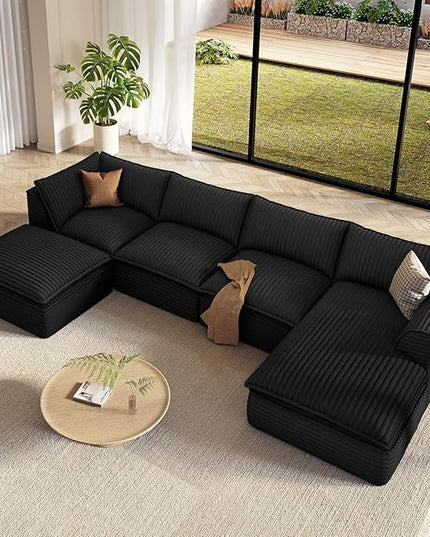 Vesgantti 141.7" U Shaped Sectional Boneless Couch, Modern 6 Seater Modular Sofa with Chaise & Ottoman, Deep Seat Plush Corduroy Cloud Couches for Living Room, No Assembly Required, Black