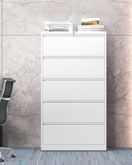 5 Drawer Lateral File Cabinet with Lock, Metal File Cabinet, Lateral File Cabinets for Home Office, Heavy Duty File Storage Cabinet for Legal/Letter/A4 Document, Assembly Required, White