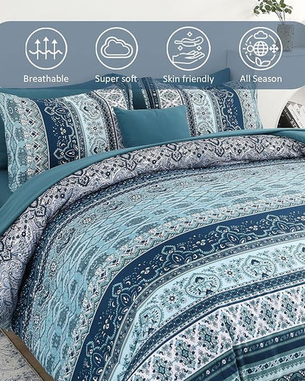 Cottolester Boho Comforter Set California King Size 8 Pieces, Teal Blue Comforter Bohemian Striped Bed in A Bag, Soft Microfiber Bedding Set for All Seasons