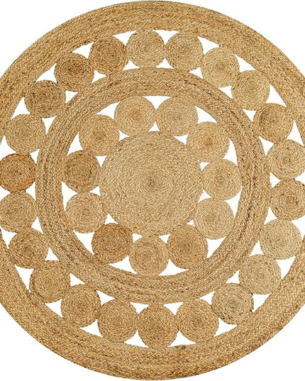 Hand Woven Jute Area Rug - 3' Round - Rustic Beige Reversible Farmhouse Rugs for Living Room, Bedroom, Kitchen - Vintage Natural Braided Entry Floor Décor Circle Boho Round Jute Rug 3ft