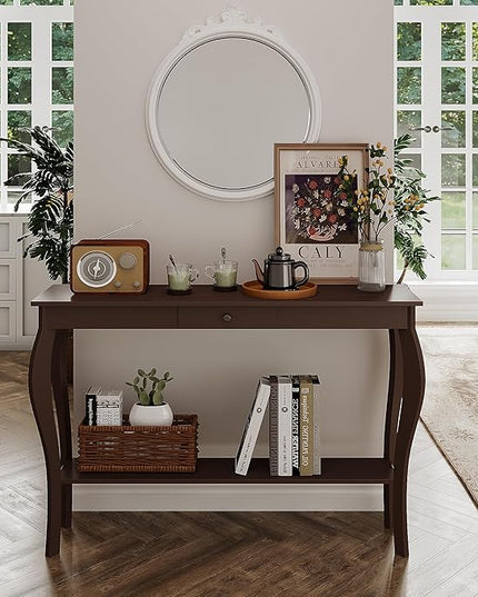 ChooChoo 47 Inch Narrow Console Table with Drawer, Chic Accent Sofa Entryway Table with Shelves for Entryway, Living Room, Hallway, Espresso