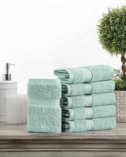 Superior Egyptian Cotton Pile Face Towel/Washcloth Set of 6, Ultra Soft Luxury Towels, Thick Plush Essentials, Absorbent Heavyweight, Guest Bath, Hotel, Spa, Home Bathroom, Shower Basics, Sea Foam