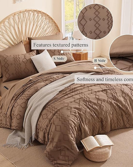 King Size Comforter Set Brown, Tufted Boho Bedding Farmhouse Bed Set, All Season 7 Pieces Bed in a Bag with Sheets, Pillowcases & Shams