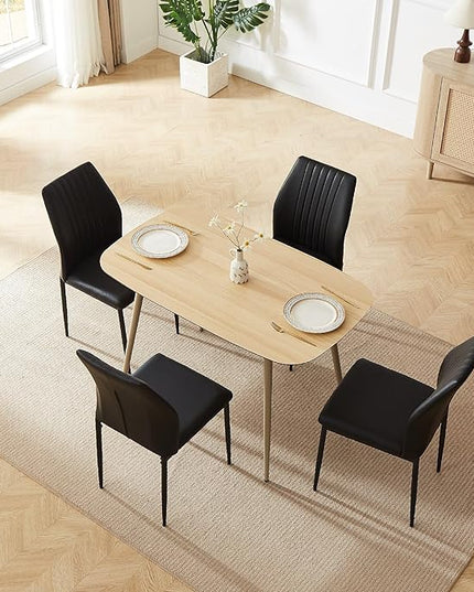 47.2'' Modern Solid Wood Dining Table Set for 4 with Scratch-Resistant Surface & 4 Black Leather Chairs - Cat-Friendly Kitchen Dining Room Furniture Set