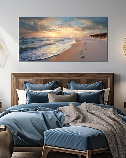 Ouzzlie Seascape Wall Art Ocean Wall Decor Blue Picture Art Print Sun Canvas Large Landscape Artwork for Living Room Bedroom Office 29" x 59"