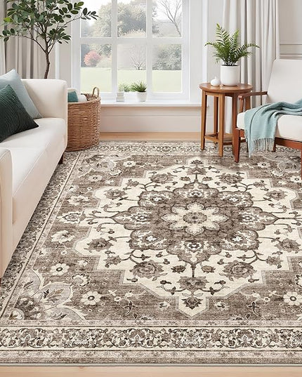 Washable 6x6 Rug Square - Ultra Soft Living Room Area Rug Under Sofa Non-Slip Rugs for Bedroom Dining Room - Stain Resistant Farmhouse Decor for Family with Pets & Kids (Beige, 6x6)