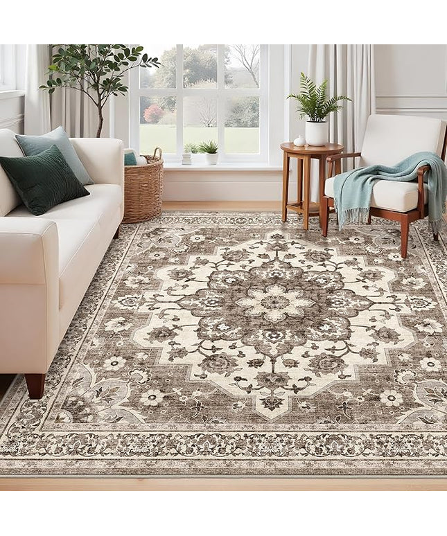 Washable 6x6 Rug Square - Ultra Soft Living Room Area Rug Under Sofa Non-Slip Rugs for Bedroom Dining Room - Stain Resistant Farmhouse Decor for Family with Pets & Kids (Beige, 6x6)