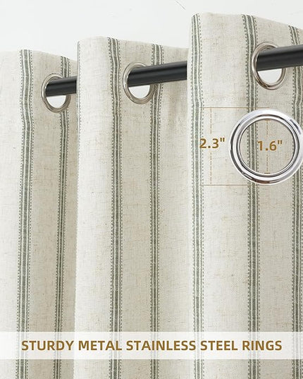 DriftAway Farmhouse Linen Blend Blackout Curtains 84 Inches Long for Bedroom Vertical Striped Printed Linen Curtains Thermal Insulated Lined Treatments for Living Room 2 Panels W52 x L84 Loden Green