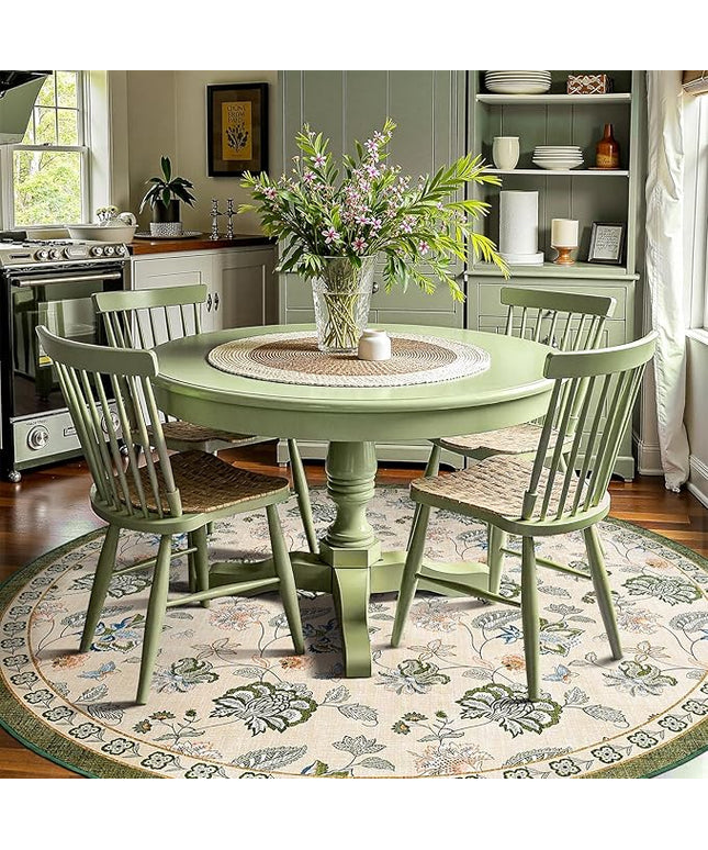 jinchan Elora 7ft Floral Round Rug for Washable Living Room Rug Vintage Romance Christmas Design Non Slip Indoor Floor Cover Lightweight Low-Profile Throw Carpet for Porch Patio, Green/Beige
