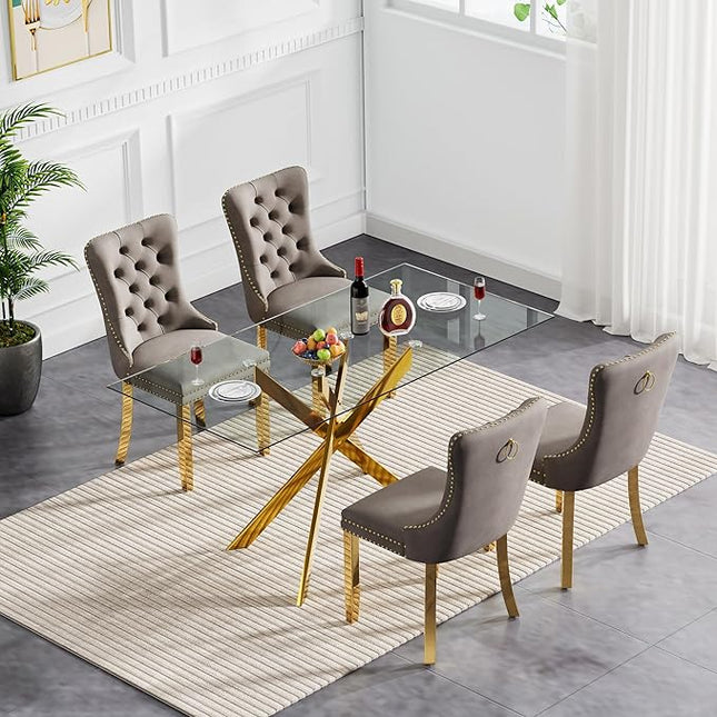 Henf 5 Piece Dining Table Set for 4, 51in Glass Dining Table Set with 4 Upholstered Dining Chairs, Gray Tufted Chair & Dining Room Table Set w/Metal Legs, Gold Glass Kitchen Table and Chair Set for 4